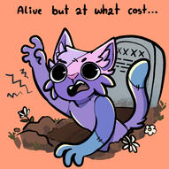 The Rylan Fursona rising from the depths of their grave, groaning while appearing as a stitched together zombie like version of their original self, with a still cutesy art style and big pupils. A inquiry is shown at the top, "Alive, but at what cost...?".