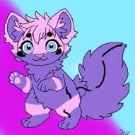 Full body feral chibi of the Rylan Fursona with a notably big, fluffy tail and a glowing deep magenta and cyan background.