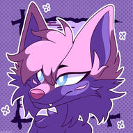 Shaded Bust of the Rylan Fursona on a dotted purple background, with Rylan being drawn identically to the CoconutBats Reference Sheet minus the eyes.