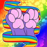 Image featuring the hind paws of the Rylan Fursona, wrapped in Reverse Rainbow LGB Flags on top of a colorful rainbow background with various splat patterns. This art was a raffle prize that unfortunately came from a tracer (@FireyFoxxo)