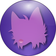 An aero stylized icon with the head of the Rylan Fursona displayed as only two colors of pink; a brighter pink for the whole head and a bolder pink for the nose, on a purple circle, layered with various gradients to give a shiny look.