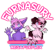 Logo featuring two fursonas, one being Rylan, who is waving, the other: Zarx, who is extending their hand to the viewer. The logo features neon shapes and glowing text that reads: "FURNASURY; MEGA FURPLEX".