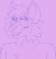 A pretty chest-up sketch of the Rylan Fursona in purple lines on a pink background, seen with a big nose, soft eyes and smiling with big sharp canine teeth.