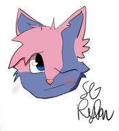 Headshot of the "Rylan" fursona, a purple anthropomorphic fox with pink fur accents, a pink nose and blue eyes with one eye closed, blushing.