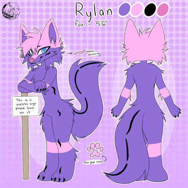 Reference Sheet of the Rylan Fursona, featuring details such as species (Fox), a height of 5 foot, 6 inches and color palette for the whole fursona as well as for colors when blushing, including paw pad color. "Rylan" is posed twice for front and back.